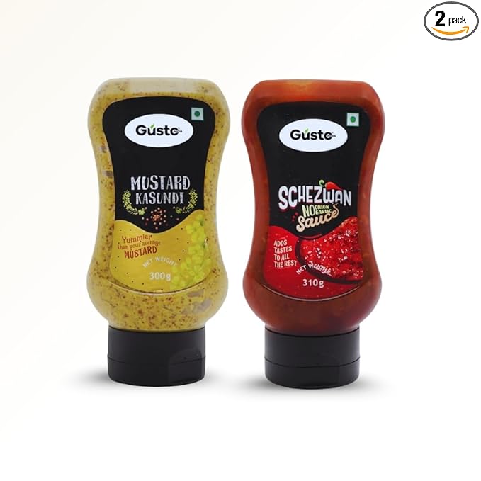 Gusto Foods Jain Sauce Combo | Schezwan Sauce and Mustard Kasundi | Zero Onion and Garlic | Spicy & Tangy | No chopping, grinding | No extra prep needed
