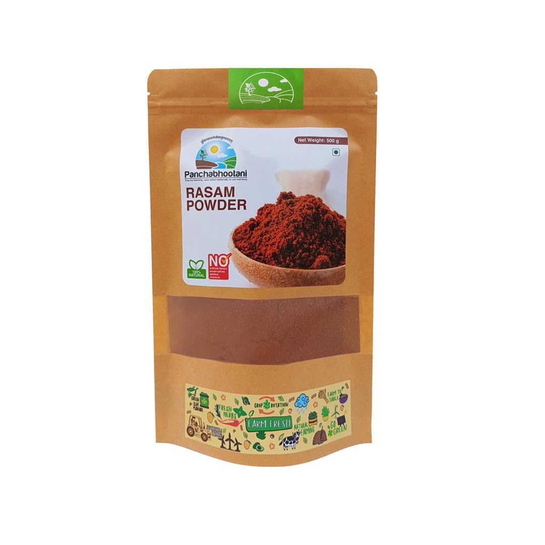Panchabhootani Rasam Powder-500g | South Indian Authentic Flavour, Easy Digestion, Farm Fresh, Vegan Friendly, No Garlic, No Onion, 3 varieties of roasted dry red chilles, Rich Aroma, Mouth Watering