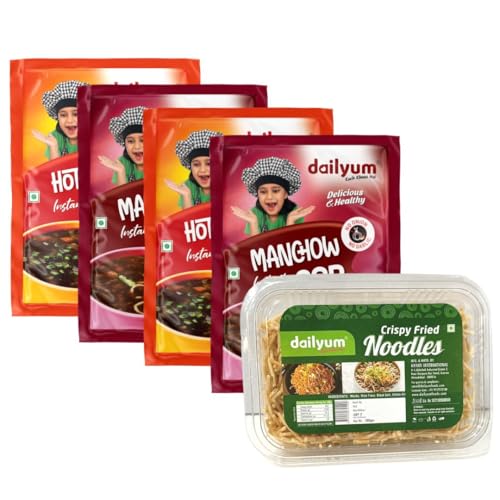 Dailyum instant | No Onion Garlic | 2 Manchow Soup 50g | 2 Hot N Sour Soup 50g | Crispy Fried Noodles 200g | Natural | No MSG | Jain |Combo Of 5