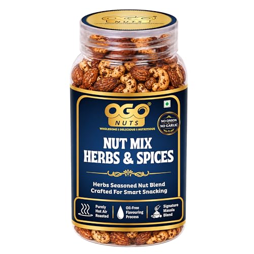 OgoNuts Herbs & Spices Nut Mix, 200g | Hot Air Roasted Almonds and Cashews | Aromatic Herb & Spice Seasoning | No Onion No Garlic | Oil-Free Roasted Gourmet Nut Snack for Tea Time, Travel & Office