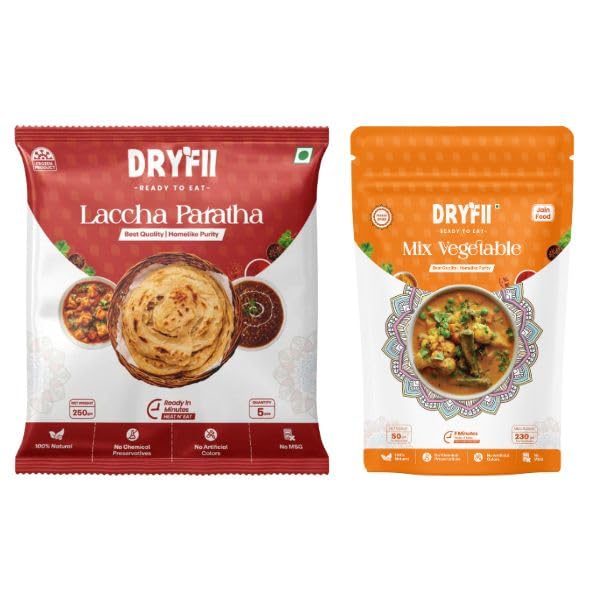 Dryfii Ready to Eat Laccha Paratha (5 Pieces, 1 Pack) & Jain Mix Veg Combo | Freeze Dried | Everyday Veg Meal | No Onion No Garlic