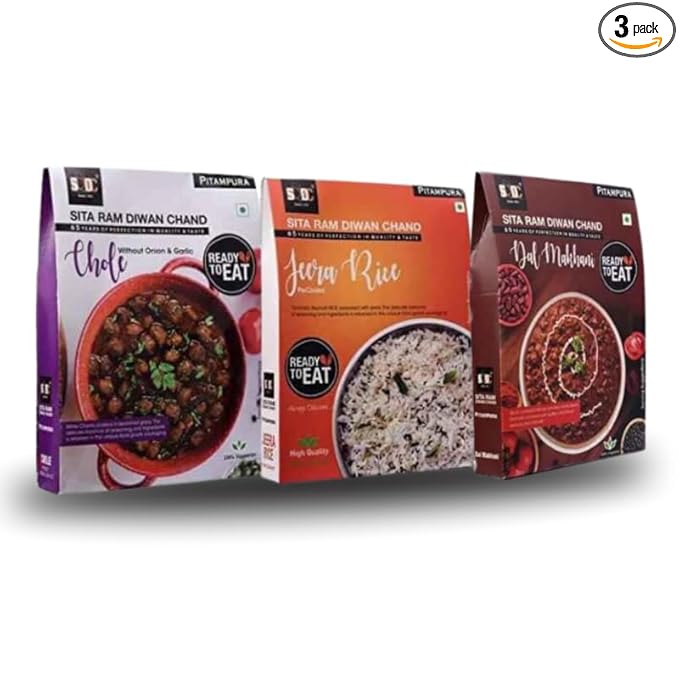 Sita Ram Diwan Chand Ready to Eat Chole Without Onion & Garlic | Jeera Rice | Dal Makhani 300 Gram Each| No Preservatives | No Artificial Flavors | 100% Natural Ingredients | Tasty Snacks - Pack of 3