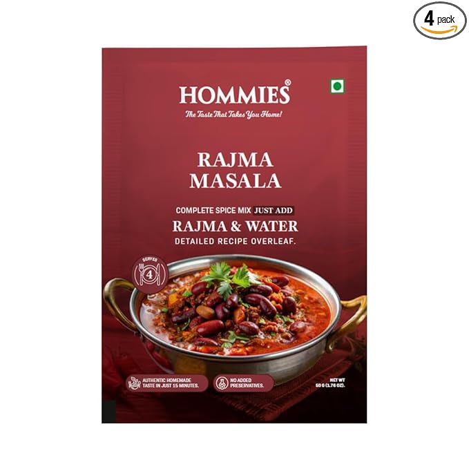 Hommies Rajma Masala Curry Spice Mix | Ready to Cook in 15 Mins | Just Add Rajma & Water | Authentic Punjabi Curry Masala | Serves 4 | Bold & Flavorful Taste | No Preservatives | Pack of 4 (200g, 50g Each)