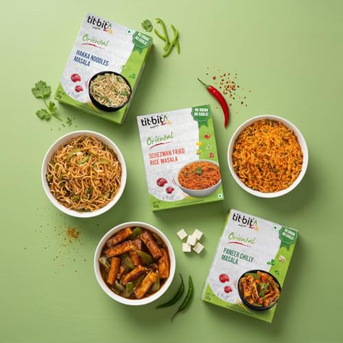Tit-Bit Spicy Chinese Spices Combo - No Onion No Garlic - Schezwan Fried Masala, Hakka Noodles Masala & Paneer chilly Mix - Quick & Easy to Make - Pack of 6 - Each Flavour 2 Packs (300g)