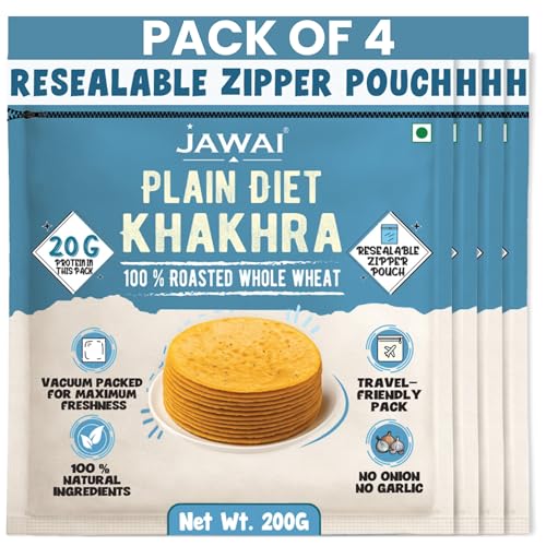 JAWAI ROASTED WHOLE WHEAT KHAKRA COMBO- Plain Diet Khakhra, No Onion - No garlic, Plant Based Roasted Snacks, Healthy Snacks, Vaccum Packed Indian Snack (Plain Diet Flavour),200 G