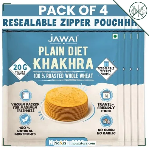 JAWAI ROASTED WHOLE WHEAT KHAKRA COMBO- Plain Diet Khakhra, No Onion - No garlic, Plant Based Roasted Snacks, Healthy Snacks, Vaccum Packed Indian Snack (Plain Diet Flavour),200 G