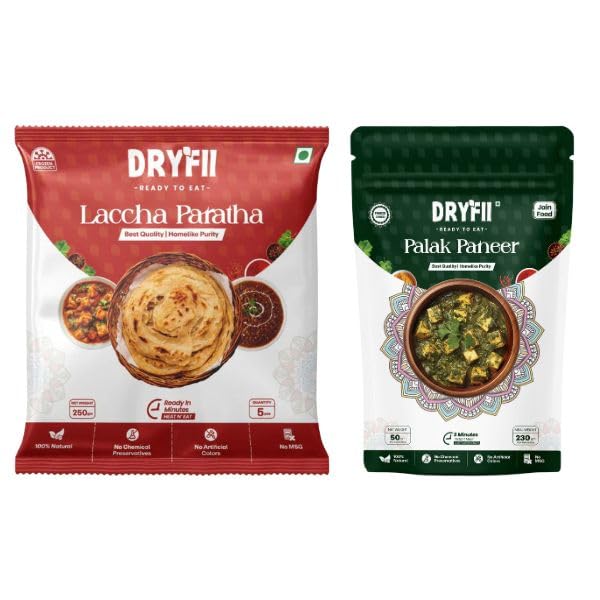 Dryfii Ready to Eat Laccha Paratha (5 Pieces, 1 Pack) & Jain Palak Paneer Combo | Freeze Dried | Protein Rich Meal | No Onion No Garlic