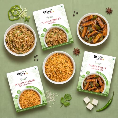 Tit-Bit Spicy Chinese Spices Combo - No Onion No Garlic - Schezwan Fried Masala, Hakka Noodles Masala & Paneer chilly Mix - Quick & Easy to Make - Pack of 6 - Each Flavour 2 Packs (300g)
