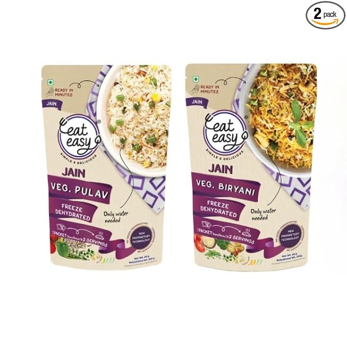 Eat Easy Ready To Eat Jain Meal Combo- Veg Biryani & Pulav (95g Each) | No Garlic No Onion Ready to Eat & Cook Travel Food | Freeze Dehydrated | 100% Veg | No Preservatives | Just Add Water