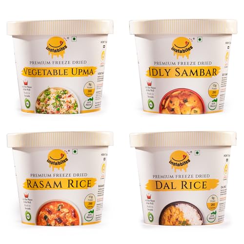 Instabites Ready To Eat Combo of Veg upma, Idli Sambar, Rasam Rice, Dal Rice No Added Preservatives and Ready to Eat in Minutes - Pack of 4