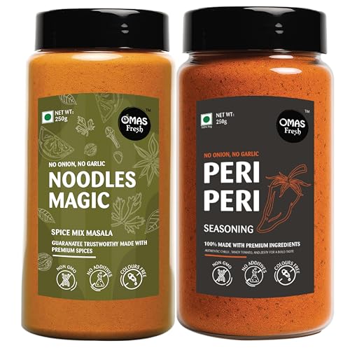 Omas Fresh No Onion No Garlic Noodles Magic Masala & Peri Peri Seasoning | 250g × 2 Combo Pack | Spicy & Flavorful Duo for Noodles, Pasta & Everyday Cooking