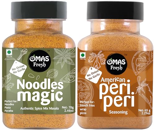 Omas Fresh No Onion No Garlic American Peri Peri 65g & Noodles Magic Masala 70g Sprinkled on Noodles, Salads, Soups, Sauces and Pasta | Jain Masala Combo
