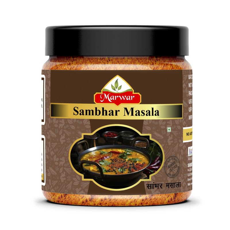 Marwar Sambar Masala Powder with Natural Oils - 400g, Blended Spice for Authentic Taste and Colour, Mouth Watering South Indian Rasam, No Garlic & Onion Used (Jar Pack)
