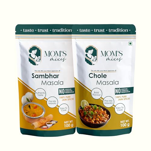 Mom’s Mixes Combo of 2 | Sambhar Masala + Chole Masala | 100% Pure Jain Premix Spices | No Onion No Garlic | No Preservatives | No MSG | No Added Colours | 200g