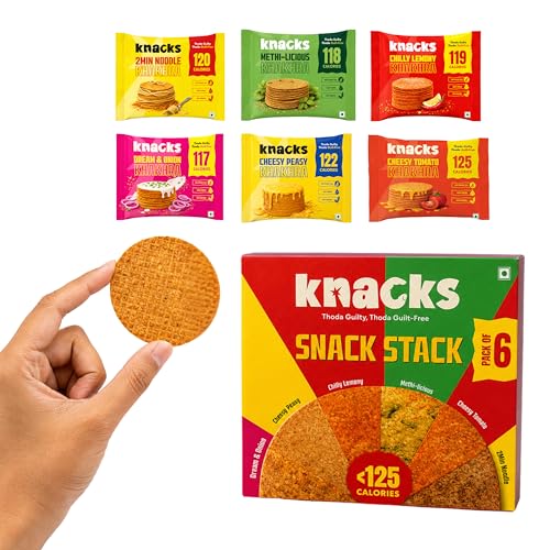 Knacks The Full Knacks Khakhra Chips Variety Pack | All 6 Flavours Coin Khakhra, 6 x 30g | 117-125 Calories Per Pack | Healthy Snack Gift Box | No Palm Oil, No Maida, Not Fried | High Protein