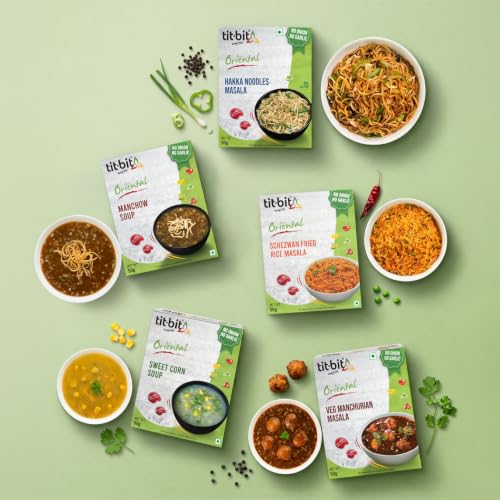 Tit-Bit Oriental - Chinese Masala Combo - NONG - Ready to eat - Hakka Noodles, Schezwan Fried Rice, Sweet Corn Soup, Manchow Soup & Manchurian Mix - (50 gms each)
