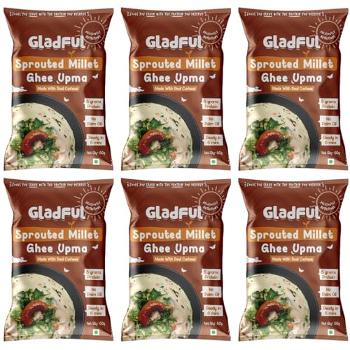 Gladful Sprouted Millet Instant Ghee Upma Mix - No Palm Oil, Trans Fat & Maida - Made with Jawar, Ragi and Suji/Rawa, Ghee & Cashew - Multigrain Protein Breakfast Healthy Snack - Pack of 6 (60g each)