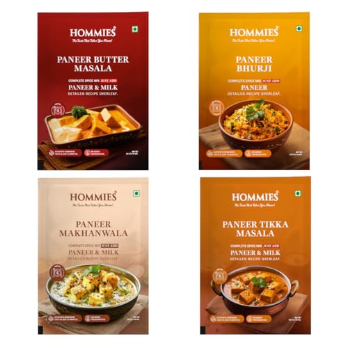 Hommies Dhaba Style Paneer Curry Spice Mix Combo (4 Varieties) | Butter Masala, Makhanwala, Tikka Masala & Bhurji | Ready to Cook in 15 Mins | Just Add Paneer & Milk | Shahi Curry with Cashew Nuts | No Preservatives | Pack of 4 (50g Each, Total 200g)
