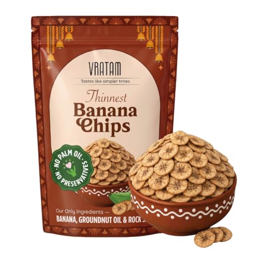 Vratam Banana Chips | Thinnest Fasting Wafers for Navratri | Pure Vrat Friendly Sendha Namak Banana Chips | No Onion No Garlic No Palm Oil | Healthy Jain Friendly Snacks Namkeen | 110G (pack of 1)
