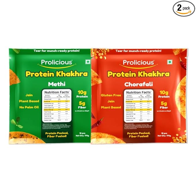 Prolicious Methi & Chorafali Khakhra Combo | Crunchy Roasted Indian Snacks | Healthy Tea-Time Snack Combo | High Fibre & No Maida (Pack of 2, 170g each)