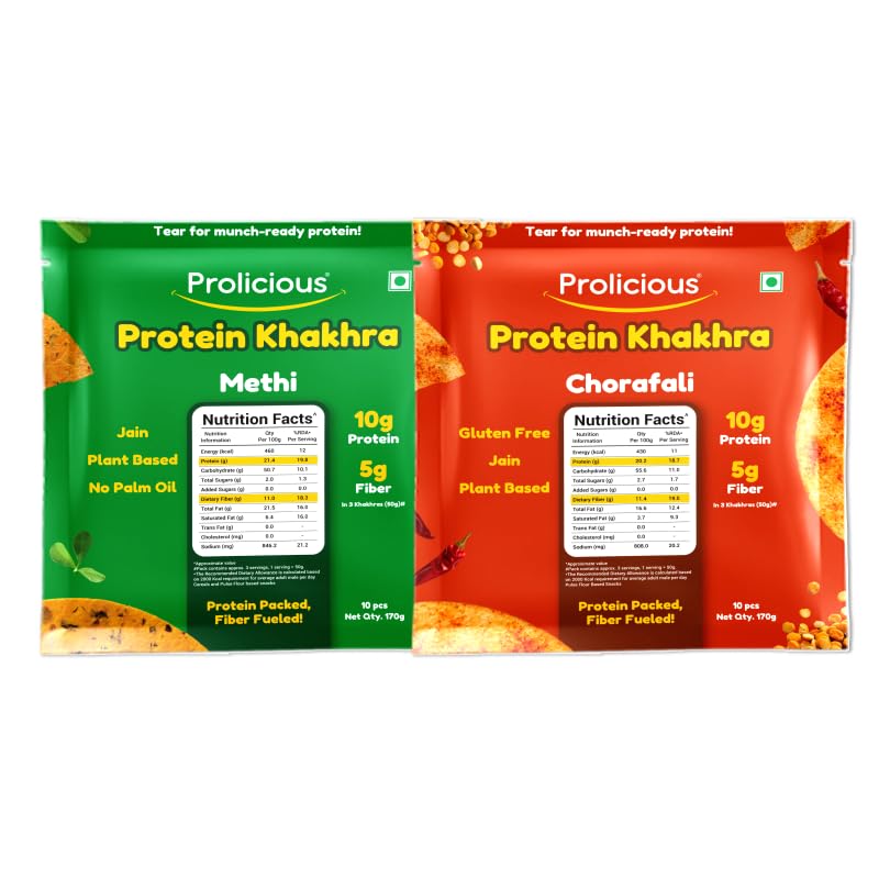 Prolicious Methi & Chorafali Khakhra Combo | Crunchy Roasted Indian Snacks | Healthy Tea-Time Snack Combo | High Fibre & No Maida (Pack of 2, 170g each)
