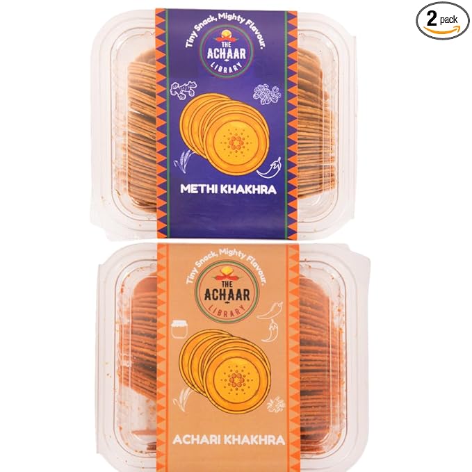 Methi & Achari Mini Khakhra Combo Pack Of 2 by THE ACHAAR LIBRARY | Whole Wheat Crisps | Bite-Sized | (180 grams each, Pack of 2)