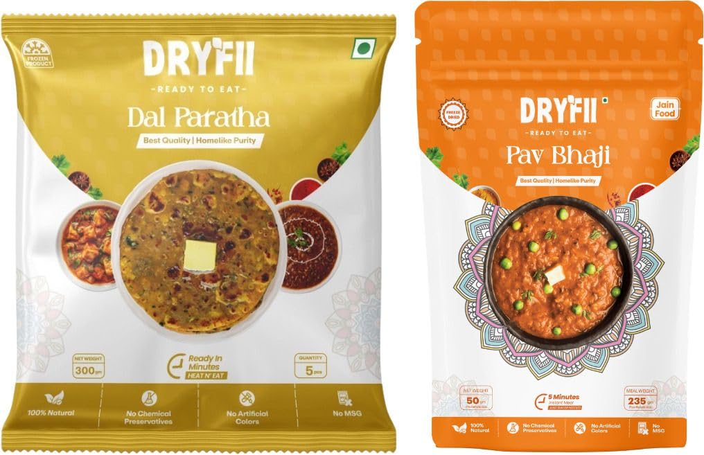 Dryfii Ready-to-Eat Dal Paratha (5 Pcs Parathas) with Jain Pav Bhaji | Veg Combo Meal | Pure Vegetarian