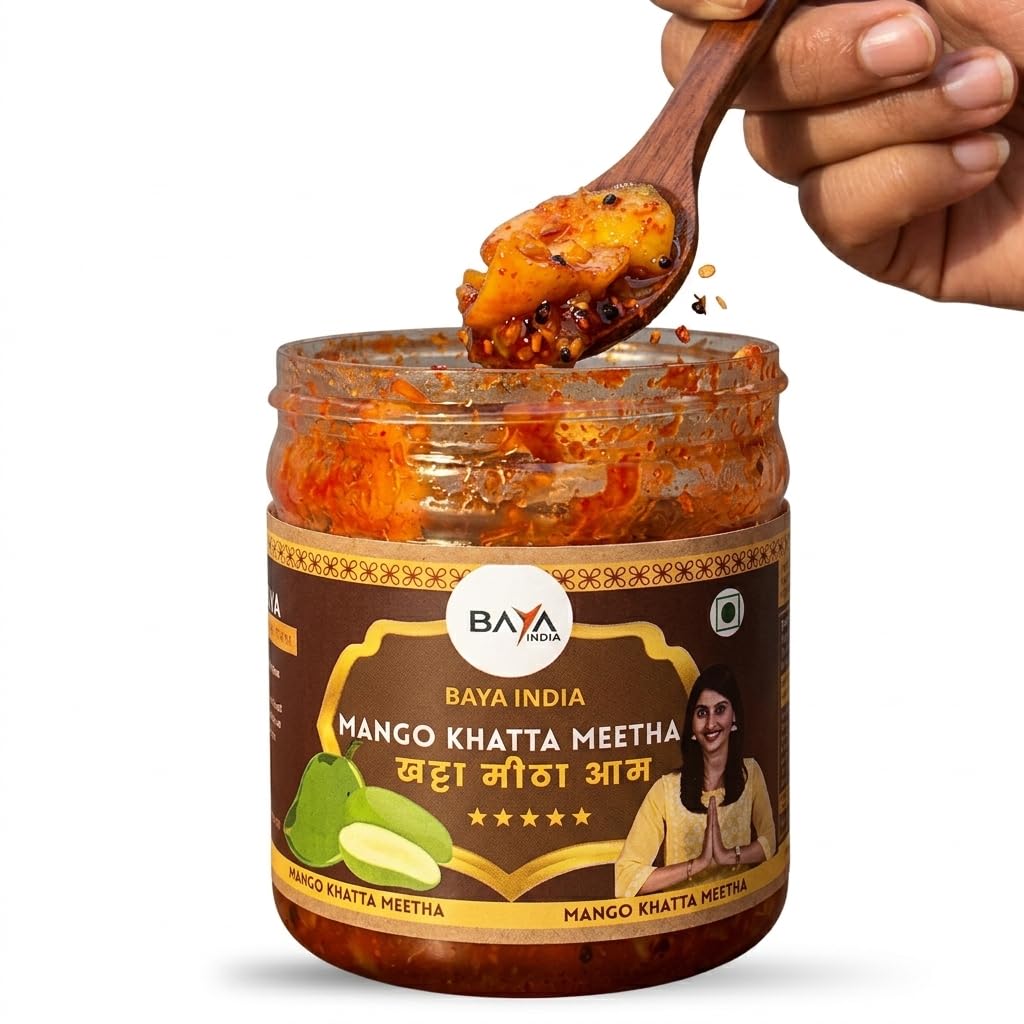 Baya India Khatta Meetha Mango Pickle | Sweet & Tangy Aam ka Achar | Homemade Style | No Chemical & No Preservatives | Traditional Indian Pickle | No Onion No Garlic | 250g Plastic Jar (250g)
