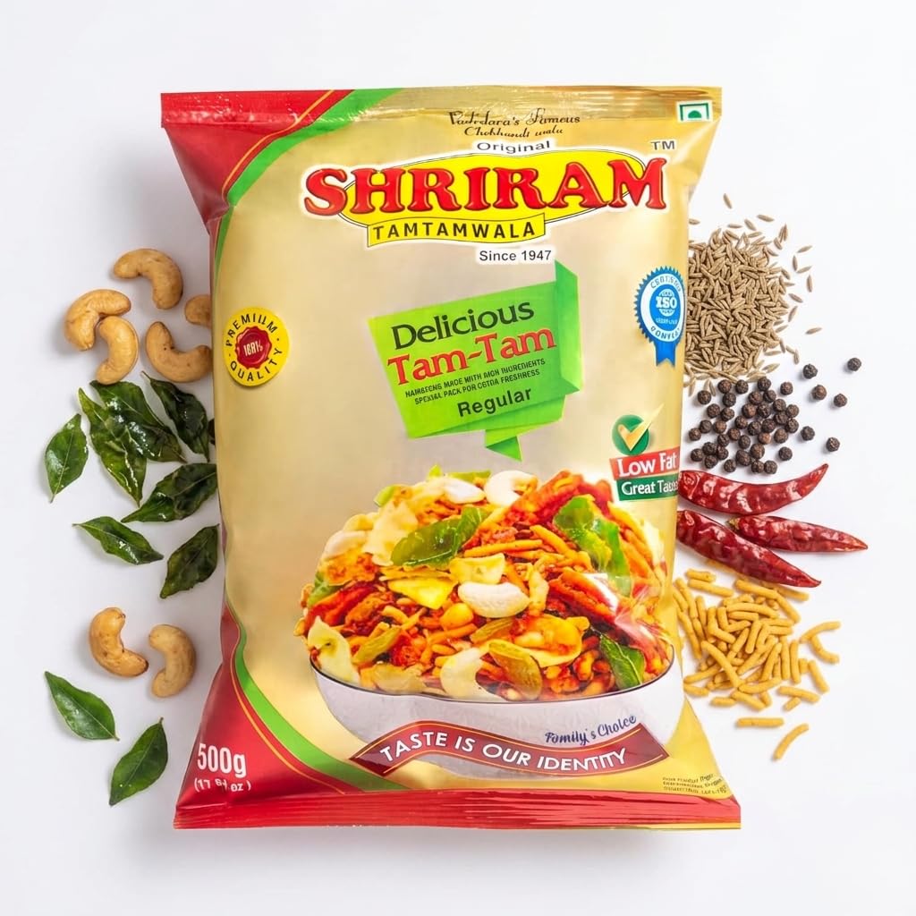 SHRIRAM TAMTAMWALA Jain Tamtam Mix Namkeen 500g | Crunchy & Spicy Traditional Indian Snack | Tea Time Mixture | Ready-to-Eat Jain Namkeen for Evening Snacks & Family Gatherings