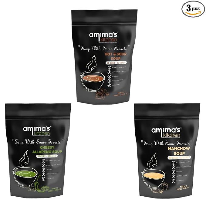 Amima's Kitchen Combo Of Hot & Sour + Cheesy Jalapeno + Manchow Jain Soup (No Onion No Garlic) - 100 Grams (Pack of 3) | Instant Soup Mix Powder | Ready To Cook | No Artificial Flavour & Colour | Gluten Free | Non GMO | Healthy Soup