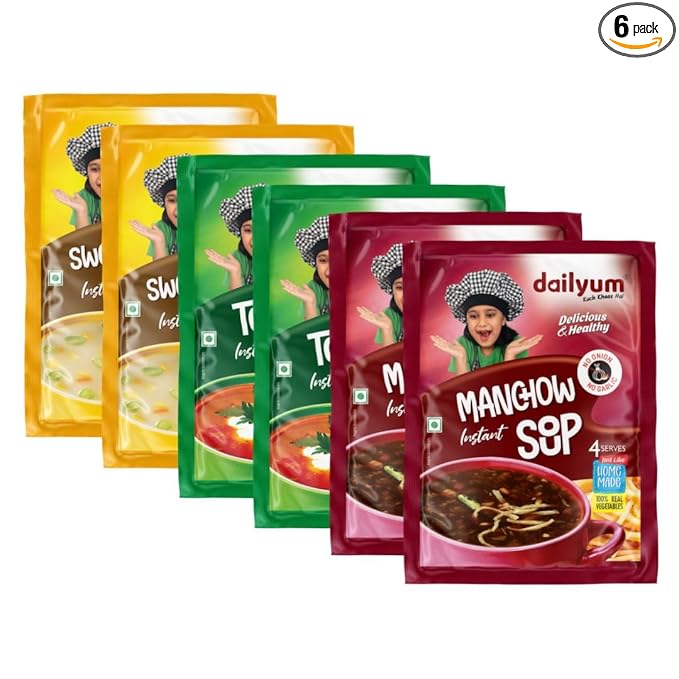 Dailyum Instant Soup Combo Of 6 | No Onion Garlic | 2 Manchow Soup | 2 Tomato Soup | 2 Sweetcorn Soup | Natural | No MSG | Jain | 50g Each