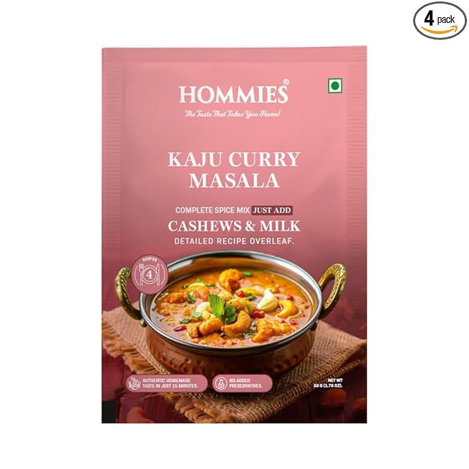 Hommies Dhaba Kaju Curry Masala Spice Mix | Ready to Cook in 15 Mins | Just Add Paneer & Milk | Shahi Cashew Curry Masala | Serves 4 | Made with Cashew Nuts | No Preservatives | Pack of 4 (200g, 50g Each)