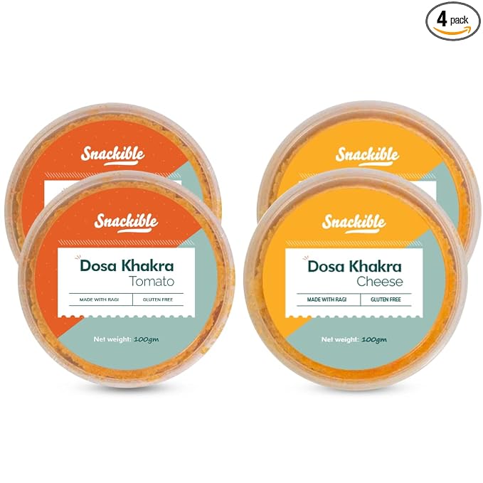 Snackible Crispy Cheese & Tomato Dosa Khakhra (Pack of 4) 4x100gm | Indian Healthy Snack | Made with Ragi | Ready to Eat | Source of Protein | No Palm Oil | Rich in Dietary Fibre | Zero Trans Fat |