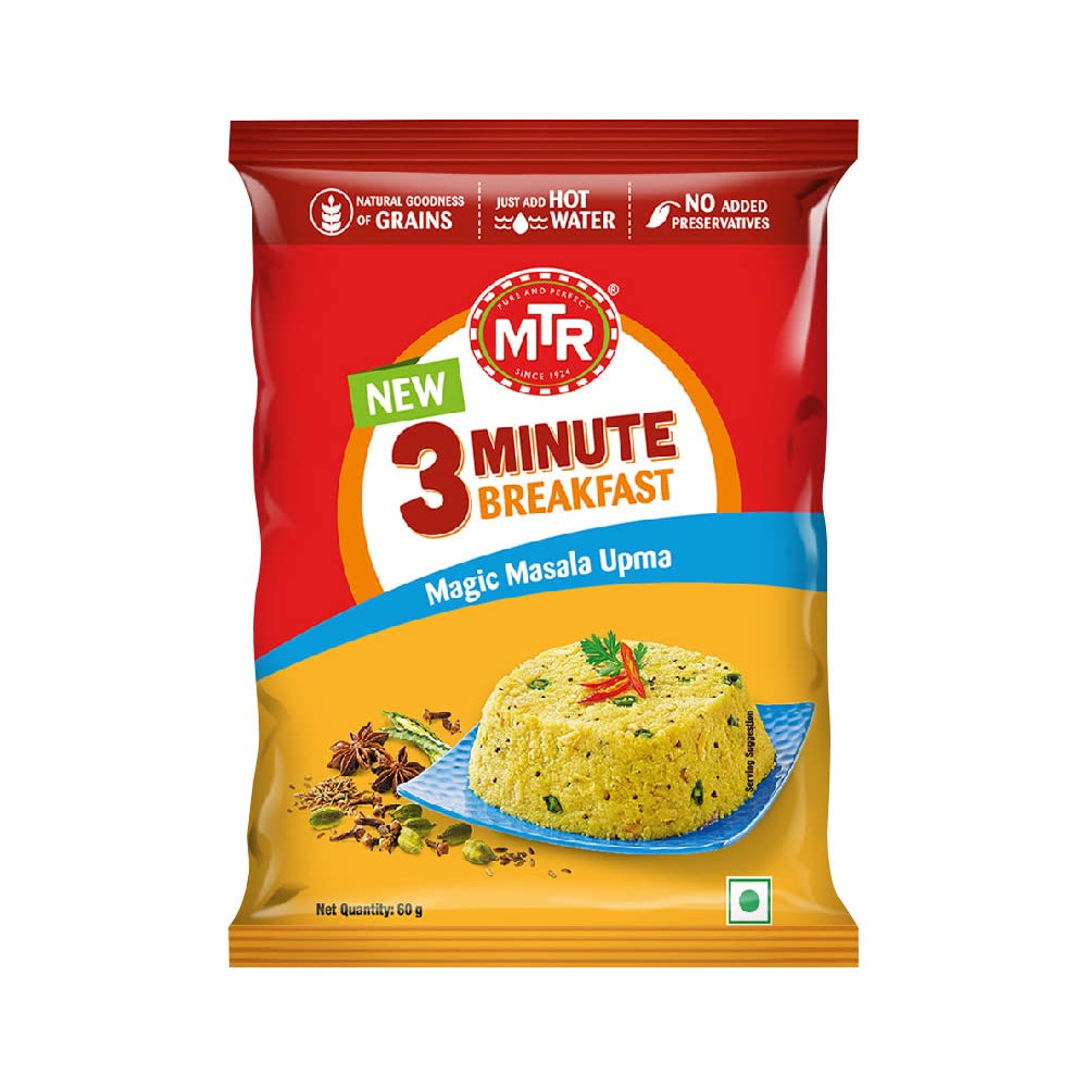 MTR 3 Minute Breakfast Magic Masala Upma | Just Add Hot Water | Wholesome Instant Breakfast | Spiced Semolina | No added preservatives | 60g Pouch