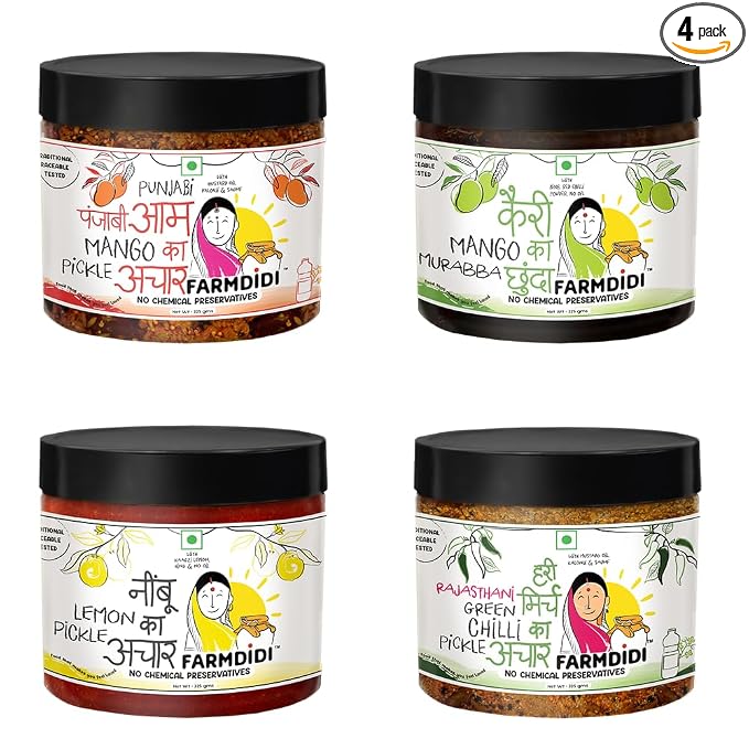FarmDidi Jain-Friendly Pickle Combo – Pack of 4 x 325g | Punjabi Mango, Mango Chunda, Crushed Lemon & Rajasthani Green Chilli Pickles | No Onion & Garlic | Homemade | Less Oil | Preservative-Free