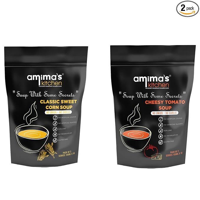 Amima's Kitchen Combo Of Classic Sweet Corn + Cheesy Tomato Jain Soup (No Onion No Garlic) - 100 Grams (Pack of 2) | Instant Soup Mix Powder | Ready To Cook | No Artificial Flavour & Colour | Gluten Free | Non GMO | Healthy Soup