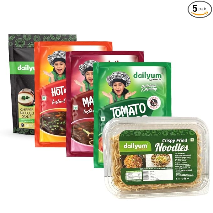 Dailyum Instant Soup Combo of 5| No Onion No Garlic | Hot & Sour Soup 50g | Tomato Soup 50g | Manchow Soup 50g | Cheese Broccoli 50g | Crispy Fried Noodles 200 Gram| Jain