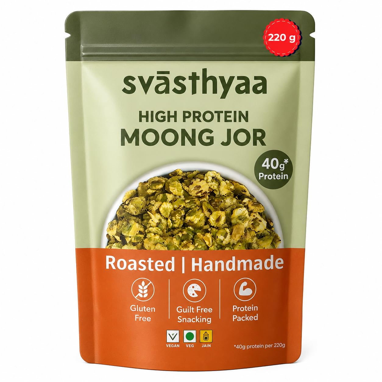 Svasthyaa High Protein Moong Jor | Roasted Moong Dal Namkeen Snack | Healthy Vegetarian Dal Snack | Gluten Free, Vegan & Jain | Breakfast, Travel & Kids | 220g