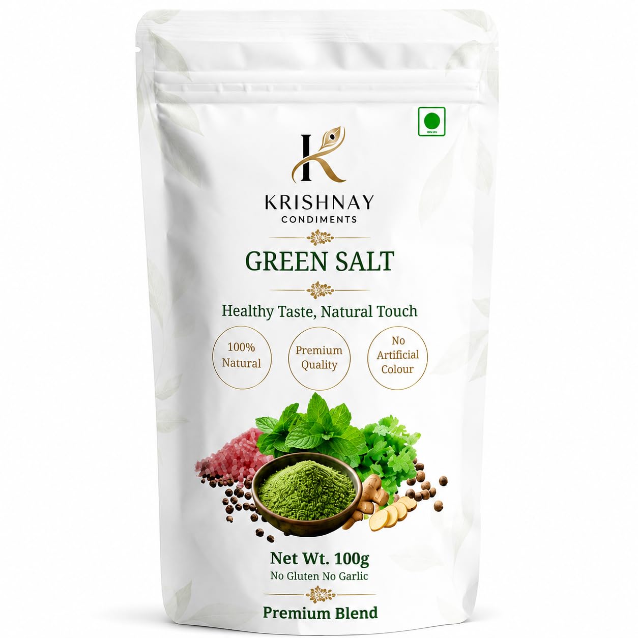 Natural Green Salt Seasoning | Herbal Flavored Salt Mix with Mint Coriander Spices | No Onion No Garlic Premium Blend (100g)