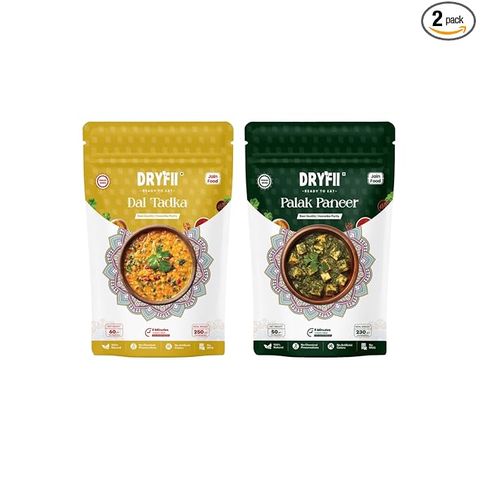 DRYFII Ready-to-Eat Jain Delights – Instant Dal Tadka & Palak Paneer | Freeze Dried | Pure, Natural & Homelike