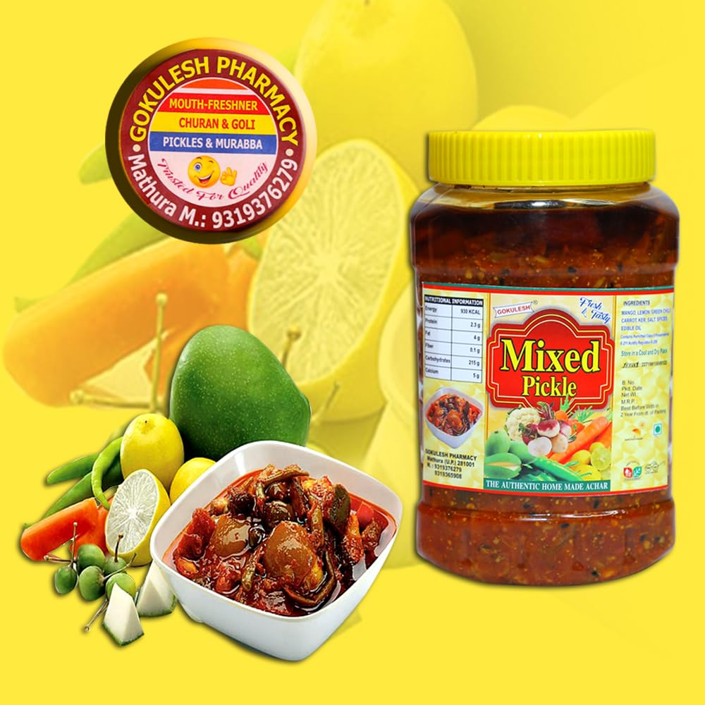 GOKULESH™ Pachranga Mixed Pickle|No Onion No Garlic Pickle|Home Made Recipe Mango Chilli Lemon Carrot ker Ginger karonda lasoda Mix Achar Pickle| 500gm