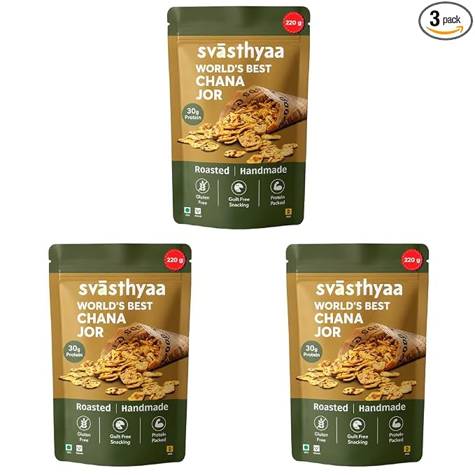 Svasthyaa Roasted Chana Jor Garam Healthy Snack for Kids & Adults | Crispy Channa Namkeen, High Protein, Gluten Free | Vegan Jain Snack with Sea Salt & Hing | No Palm Oil, No Added Sugar 220g - Pack of 3