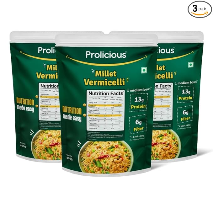 Prolicious Millet Vermicelli | High Protein & High Fiber | Nutritious | Plant Based | No Palm Oil | No Maida | Quick & Healthy Breakfast Option | 400g each (Pack of 3)
