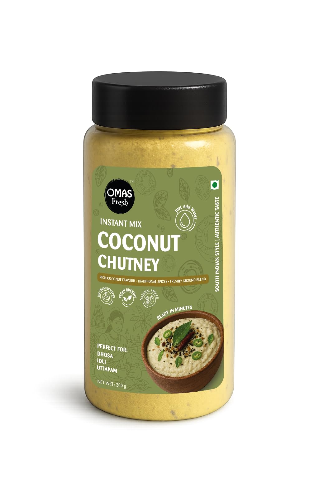 Omas Fresh No Onion, No Garlic South Indian Coconut Chutney Instant Mix Powder Perfect for Dosa, idli, Uttapam (Just Add Curd/Water to Use) (200g, White Coconut Chutney)
