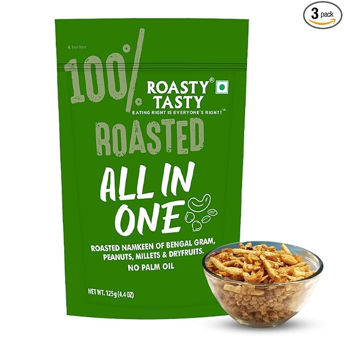 Roasty Tasty All in One | No Onion No Garlic Roasted Namkeen Mix | Healthy Indian Snack with Peanuts, Millets, Dry Fruits | All in1 Mixture Non Fried | 125g x 3 Packs | Millet Namkeen for Diet