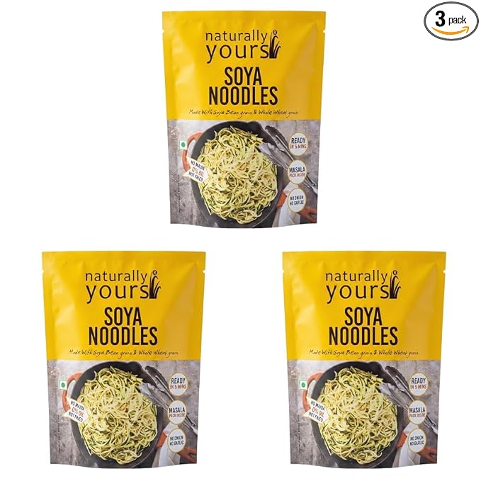 Naturally Yours Soya Hakka Noodles | Soybean & Wheat Protein | No Maida, No Onion No Garlic, Jain Friendly, Vegan, Preservative Free, No MSG | High Protein & Fiber | Tastemaker Inside | 180g Pack
