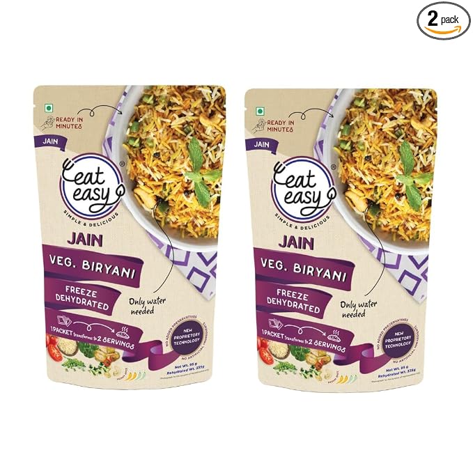 Eat Easy Ready To Eat Jain Veg Biryani- 95gm (Pack of 2) | Freeze Dehydrated, No Moisture, Lightweight, Instant Spiced Vegetable Rice with Cow Ghee & Paneer | No Onion, No Garlic, Just Add Water & Cook Food for Quick Lunch, Dinner