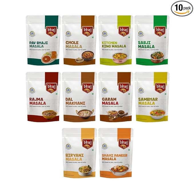 Bhoj Masale Pav bhaji, Chole, Kitchen King, Garam Masala, Sabji, Rajma, Dal Makhani, Sambhar, Biryani And Shahi Paneer Masala Powder Combo Pack 200GM Each Total 2 KG | Blended Range Masale For Kitchen. Contains No Onion No Garlic ( Jain Friendly)