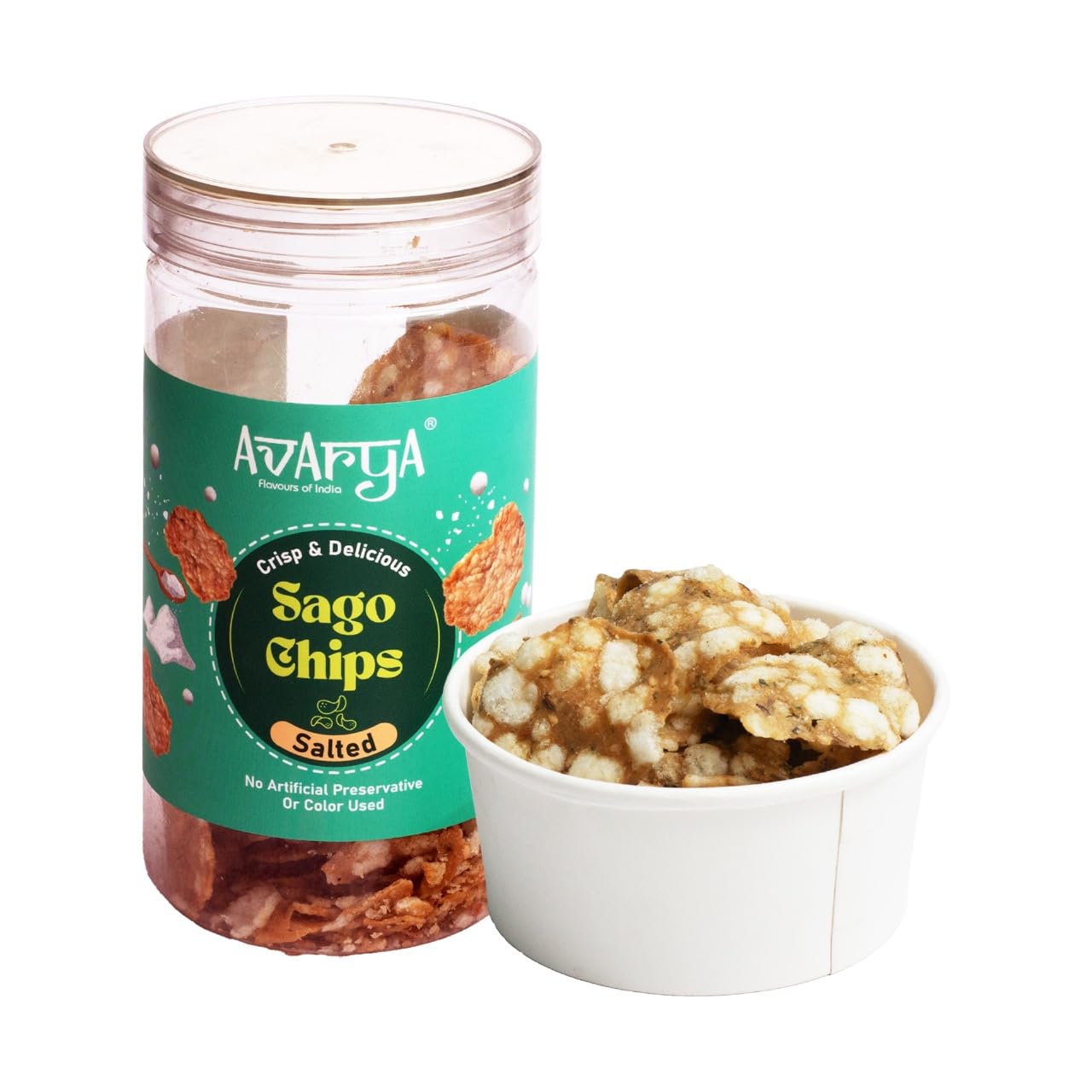 Avarya Assorted Sago Chips | Classic Salted Sabudana Chips | Crispy & Fresh Indian Snack | Falhari Friendly | 100% Vegetarian | Light & Crunchy Tea Time Munchies | 125gm | Pack of 1