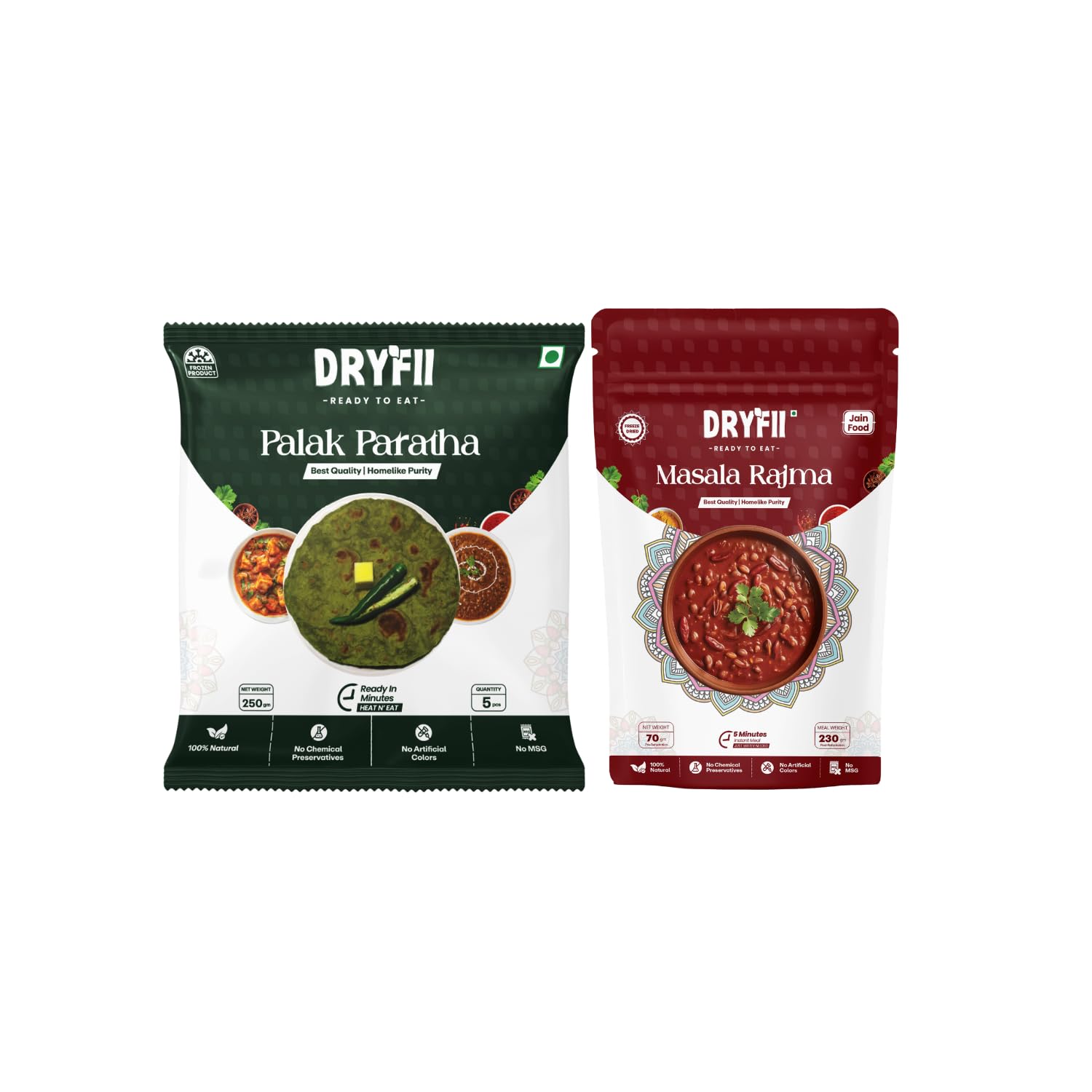 Dryfii Ready-to-Eat Palak Paratha (5 Pcs | 1 Pack) with Jain Rajma | Wholesome No Onion No Garlic Meal | Pure Vegetarian